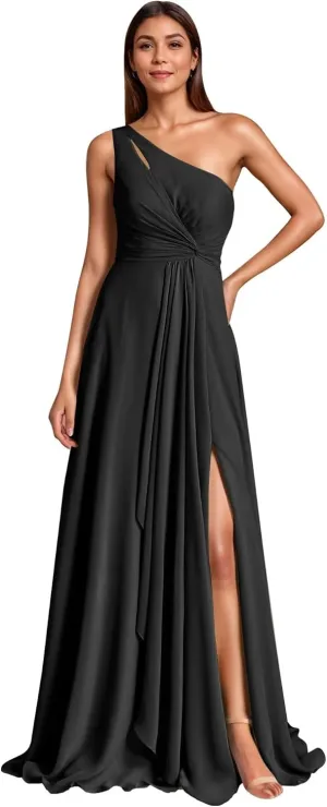 One Shoulder Bridesmaid Dresses with Slit Chiffon Pleated A Line Formal Prom Party Gown for Wedding Guest
