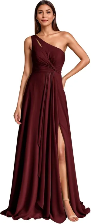 One Shoulder Bridesmaid Dresses with Slit Chiffon Pleated A Line Formal Prom Party Gown for Wedding Guest