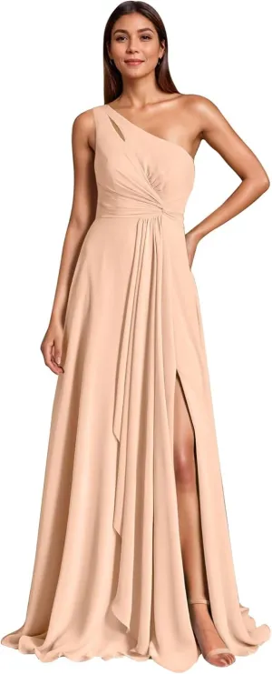 One Shoulder Bridesmaid Dresses with Slit Chiffon Pleated A Line Formal Prom Party Gown for Wedding Guest