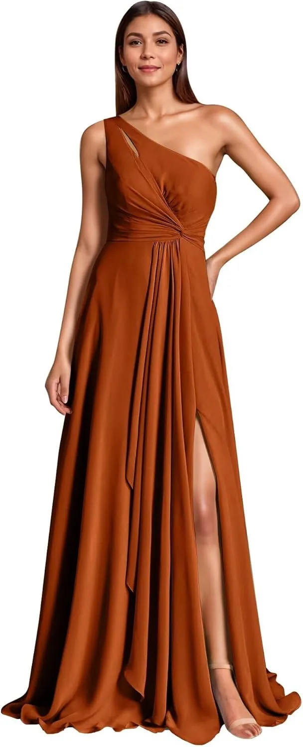 One Shoulder Bridesmaid Dresses with Slit Chiffon Pleated A Line Formal Prom Party Gown for Wedding Guest