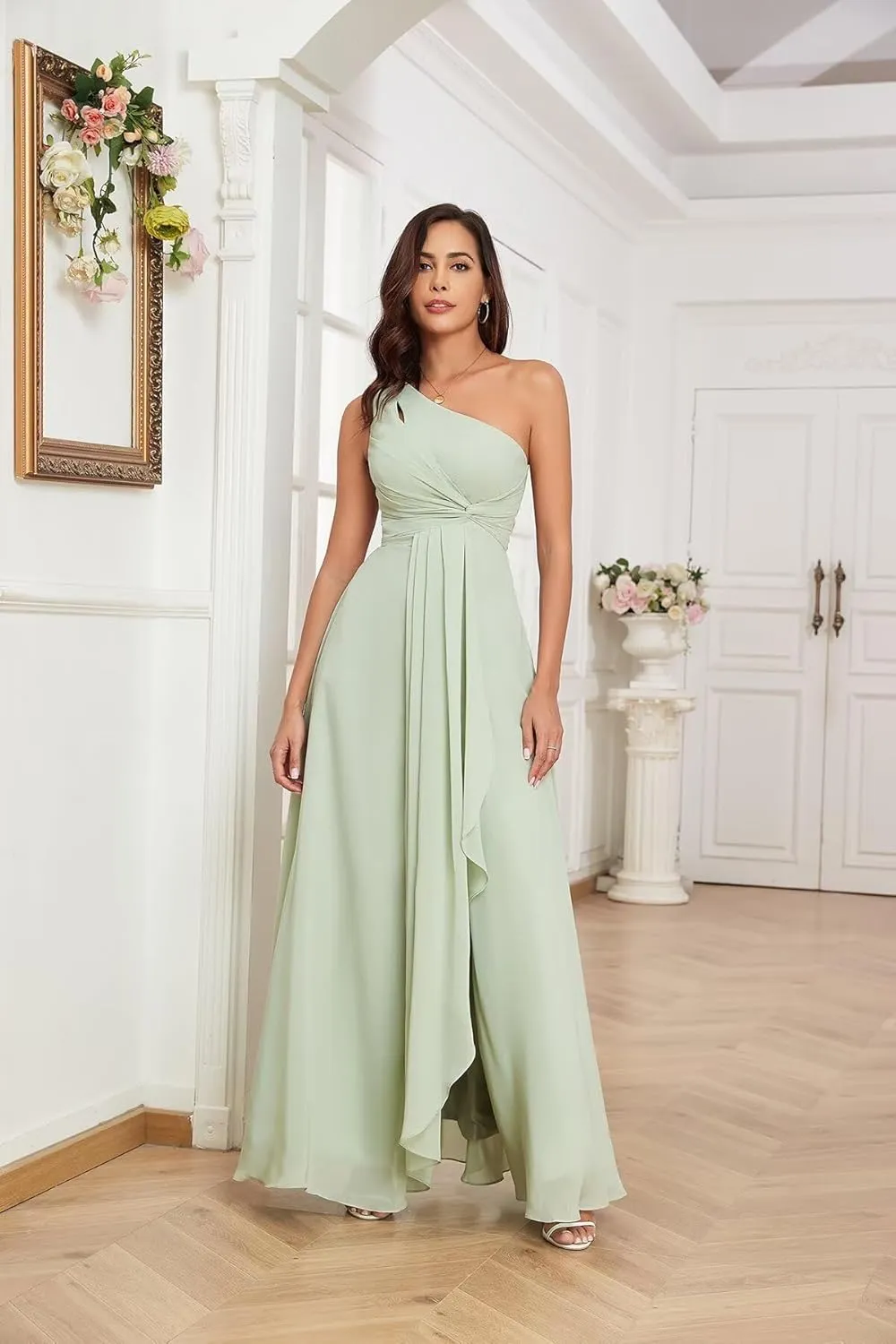 One Shoulder Bridesmaid Dresses with Slit Pleated Chiffon A-line Formal Prom Party with Pockets