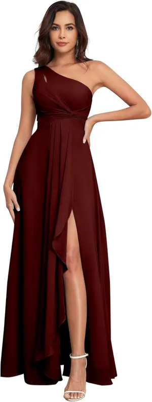 One Shoulder Bridesmaid Dresses with Slit Pleated Chiffon A-line Formal Prom Party with Pockets