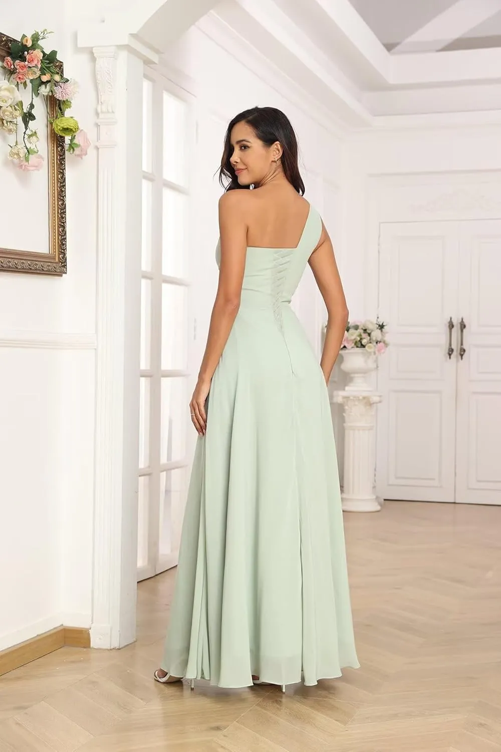 One Shoulder Bridesmaid Dresses with Slit Pleated Chiffon A-line Formal Prom Party with Pockets