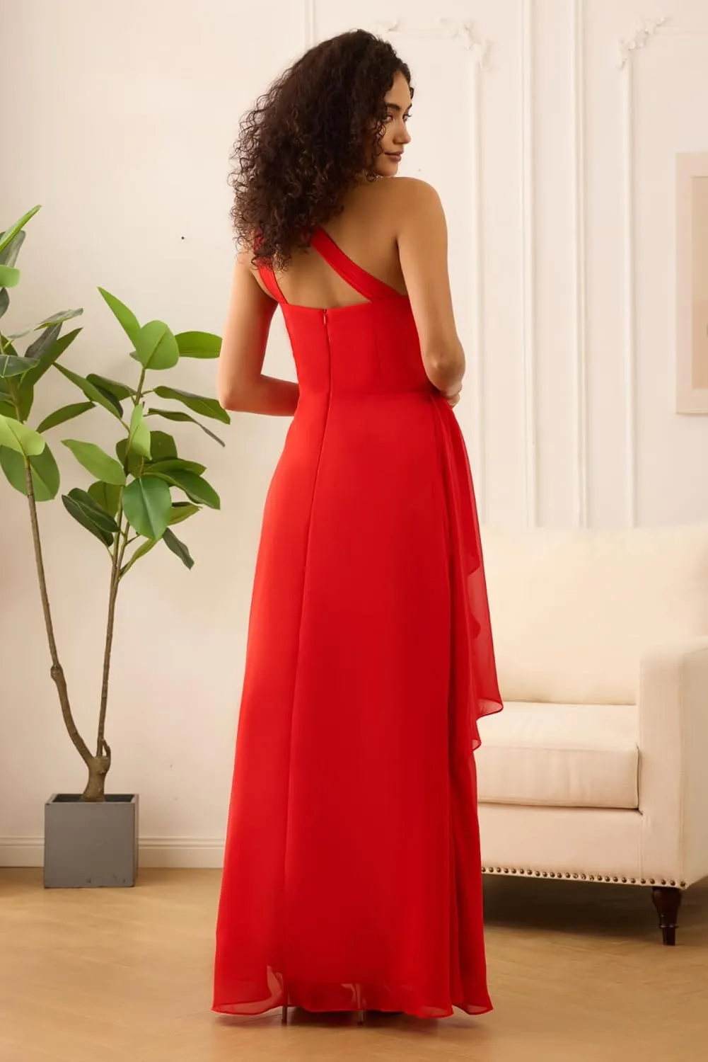 One Shoulder Chiffon Bridesmaid Dresses Sleeveless A Line Pleated Maid of Honor Dresses with Split