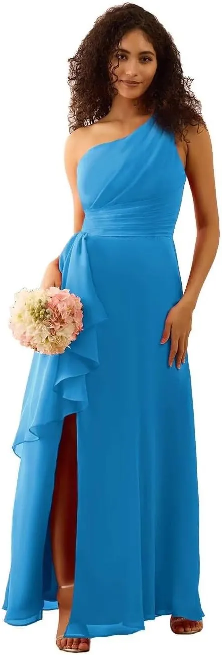 One Shoulder Chiffon Bridesmaid Dresses Sleeveless A Line Pleated Maid of Honor Dresses with Split