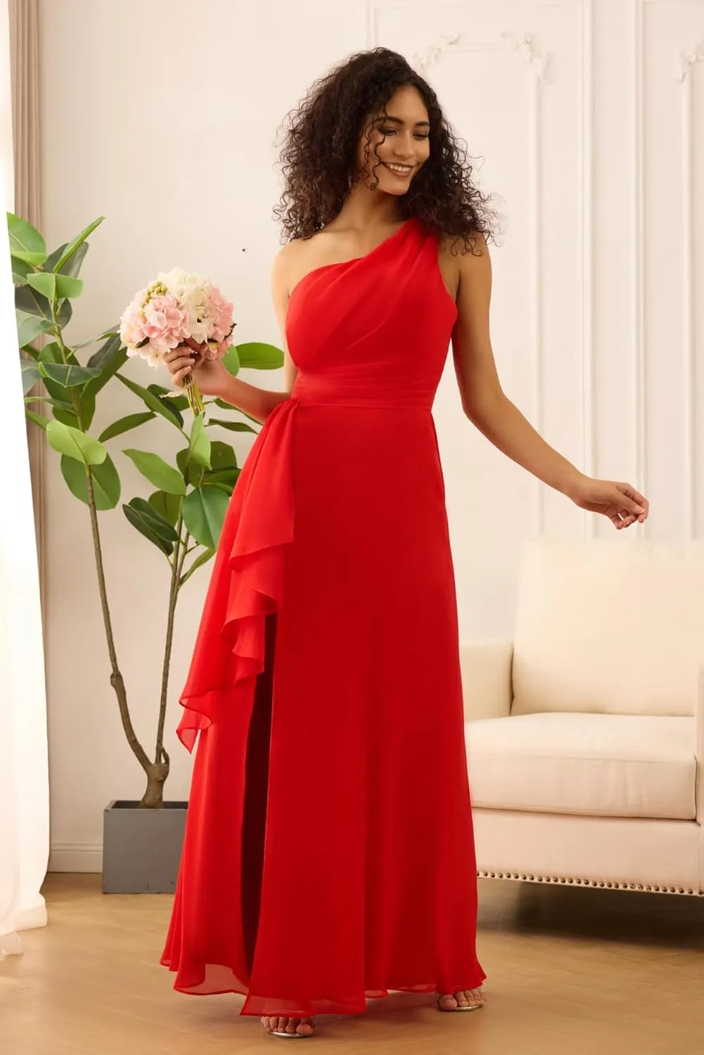One Shoulder Chiffon Bridesmaid Dresses Sleeveless A Line Pleated Maid of Honor Dresses with Split