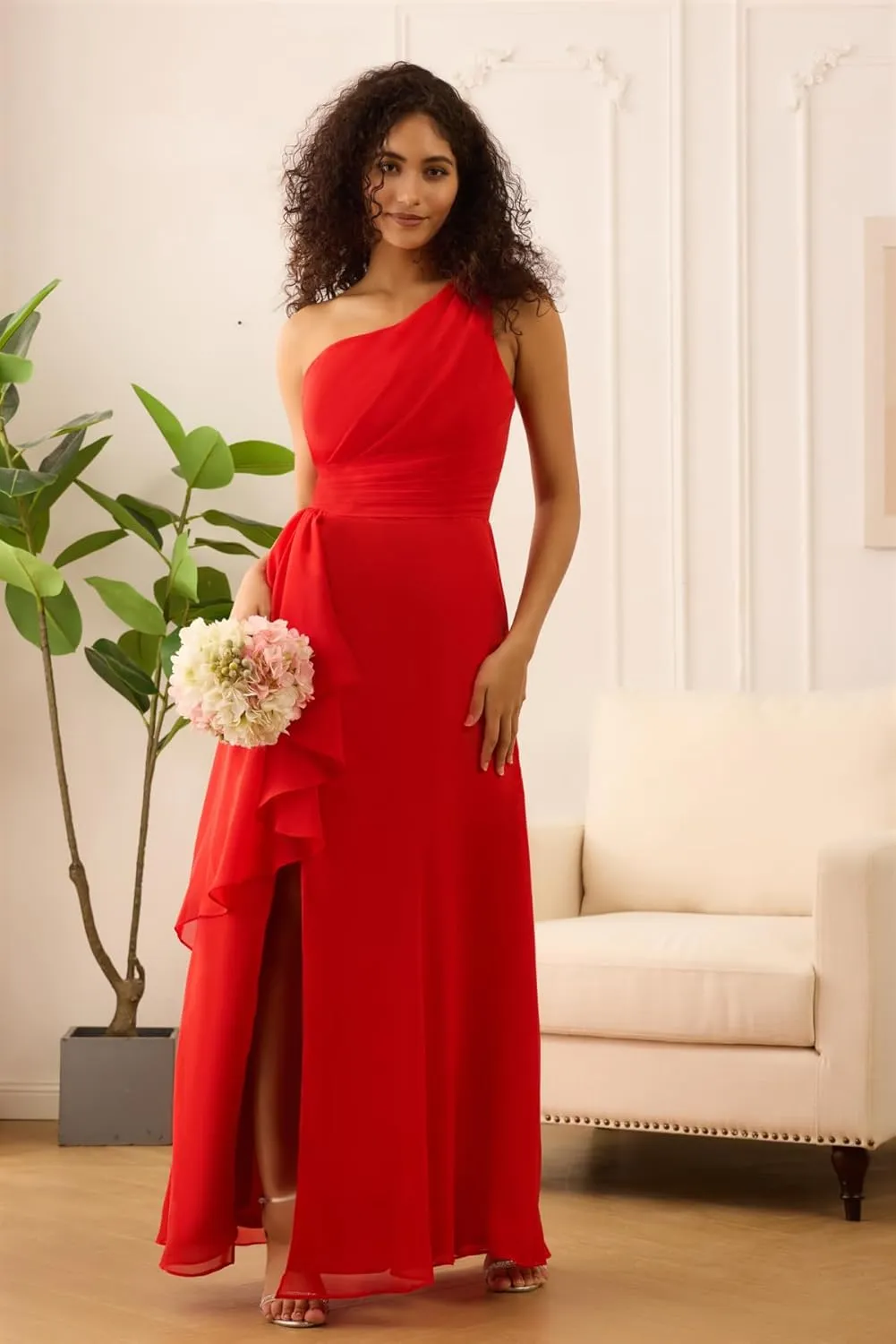 One Shoulder Chiffon Bridesmaid Dresses Sleeveless A Line Pleated Maid of Honor Dresses with Split