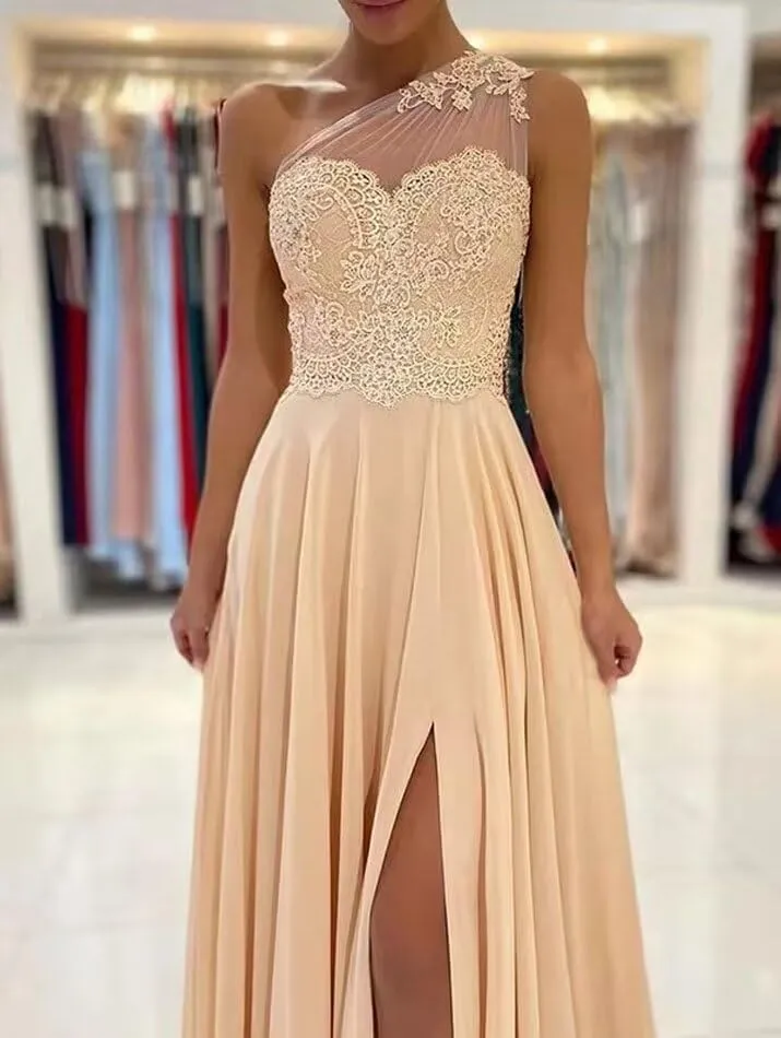 One Shoulder Chiffon Prom Dress 2024 Laces Appliques A-Line Formal Evening Dress for Women with Split