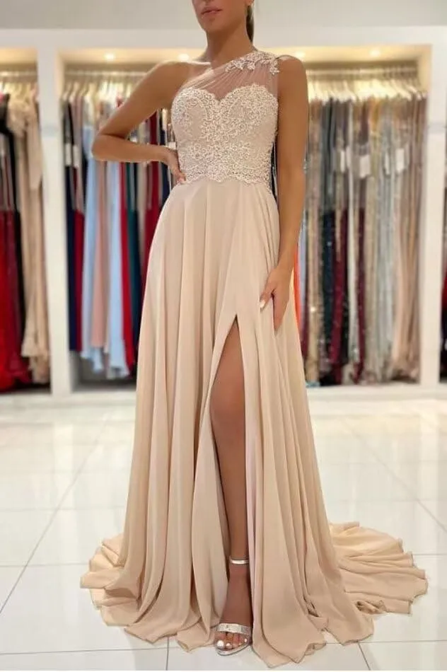 One Shoulder Chiffon Prom Dress 2024 Laces Appliques A-Line Formal Evening Dress for Women with Split