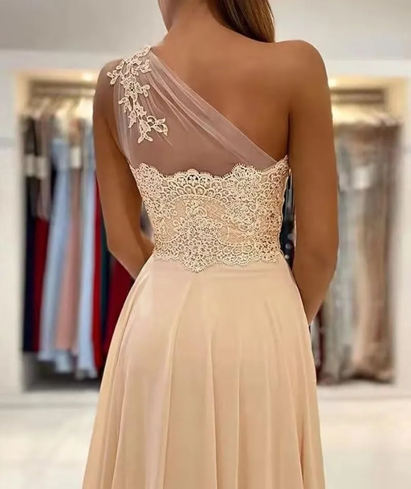 One Shoulder Chiffon Prom Dress 2024 Laces Appliques A-Line Formal Evening Dress for Women with Split
