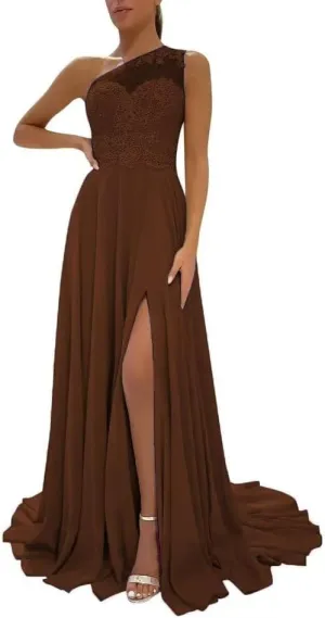 One Shoulder Chiffon Prom Dress 2024 Laces Appliques A-Line Formal Evening Dress for Women with Split
