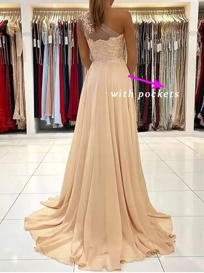 One Shoulder Chiffon Prom Dress 2024 Laces Appliques A-Line Formal Evening Dress for Women with Split