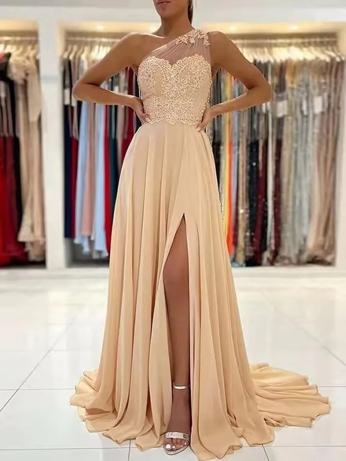 One Shoulder Chiffon Prom Dress 2024 Laces Appliques A-Line Formal Evening Dress for Women with Split
