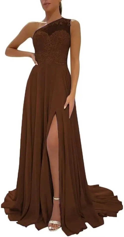 One Shoulder Chiffon Prom Dress 2024 Laces Appliques A-Line Formal Evening Dress for Women with Split