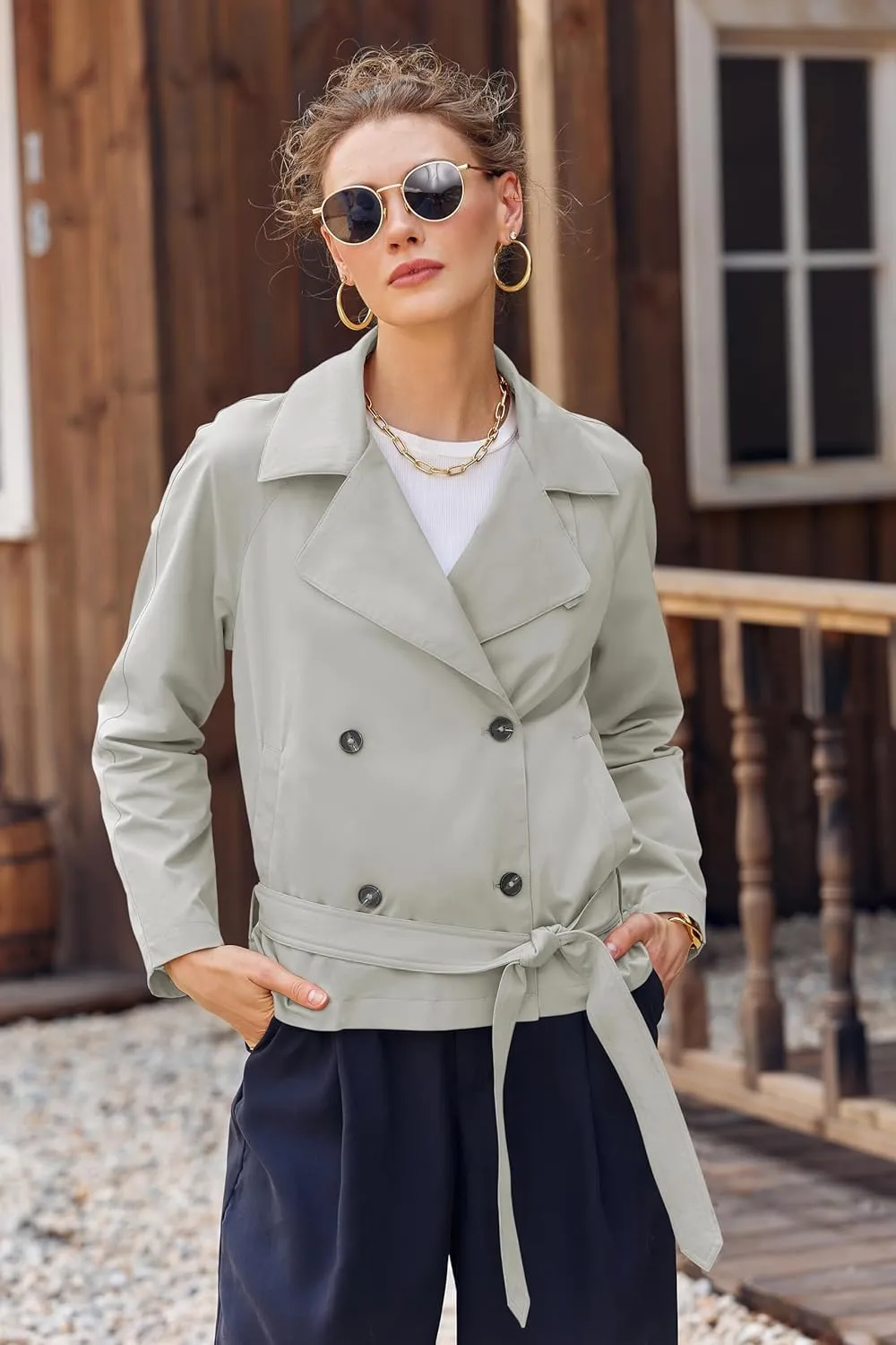 Onedreamer Women's Double Breasted Trench Coat Classic Lapel Long Sleeve Blazer Jackets Casual Outerwear With Belt