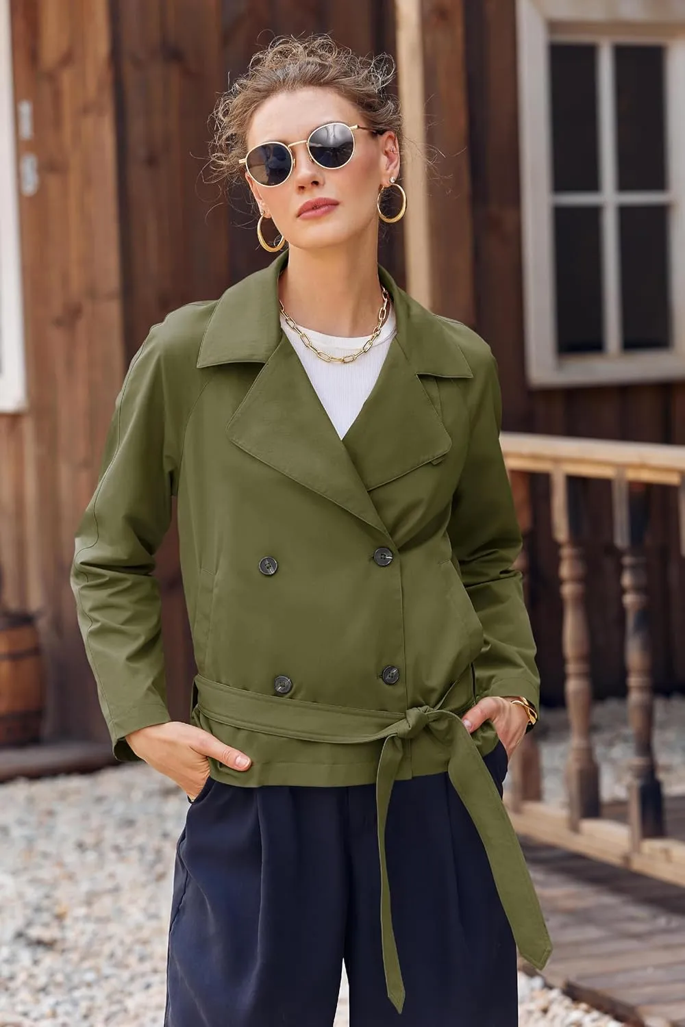 Onedreamer Women's Double Breasted Trench Coat Classic Lapel Long Sleeve Blazer Jackets Casual Outerwear With Belt