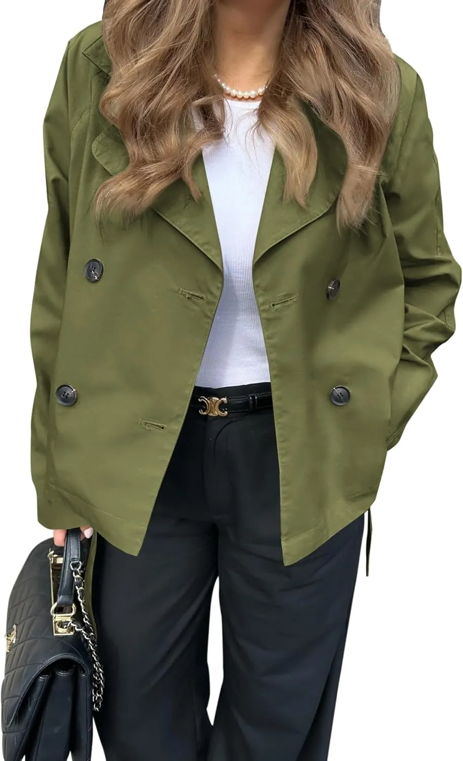 Onedreamer Women's Double Breasted Trench Coat Classic Lapel Long Sleeve Blazer Jackets Casual Outerwear With Belt