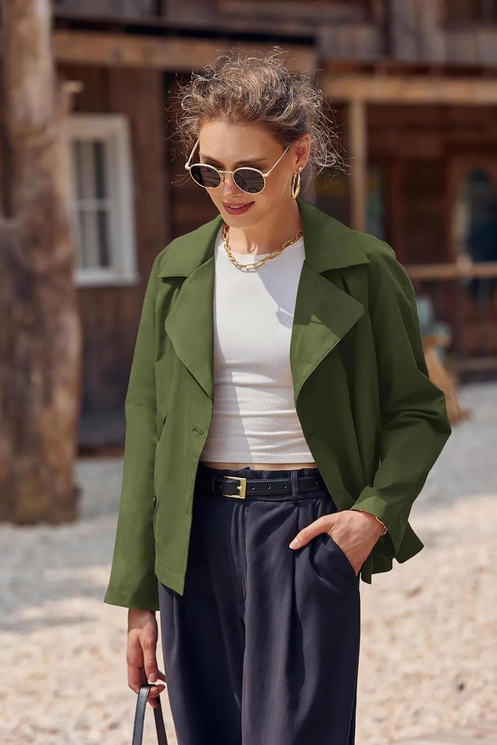 Onedreamer Women's Double Breasted Trench Coat Classic Lapel Long Sleeve Blazer Jackets Casual Outerwear With Belt