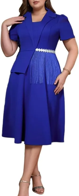 ONTINVA Women's Fringe V-Neck Formal Dresses Short Sleeve Modest Church Fit and Flare Cocktail Dress for Wedding Guest