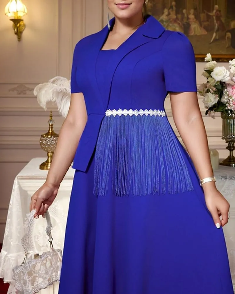 ONTINVA Women's Fringe V-Neck Formal Dresses Short Sleeve Modest Church Fit and Flare Cocktail Dress for Wedding Guest