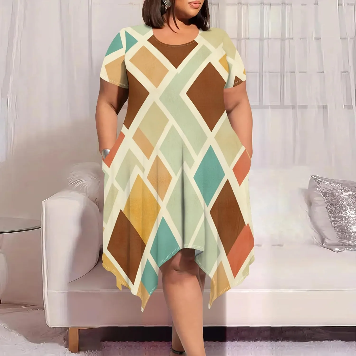 Oversize Tshirt Dress for Curvy Women Summer Tie Dye Casual Plus Size Crewneck Short Sleeves Midi Tunic Dress with Pockets