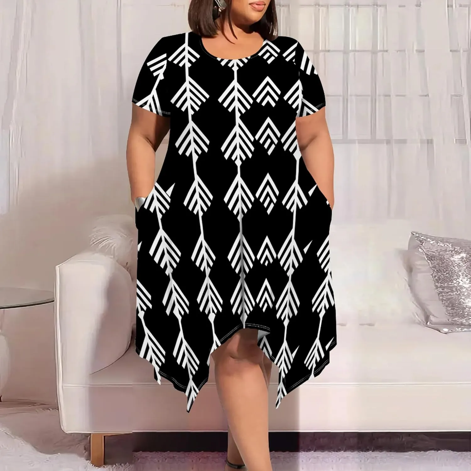 Oversize Tshirt Dress for Curvy Women Summer Tie Dye Casual Plus Size Crewneck Short Sleeves Midi Tunic Dress with Pockets