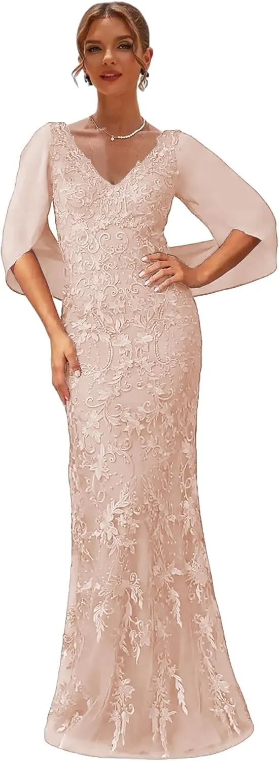 Peach Mother of The Bride Dresses Petite Long Formal Wedding Dress for Women Tulle Lace Evening Gown Size 6