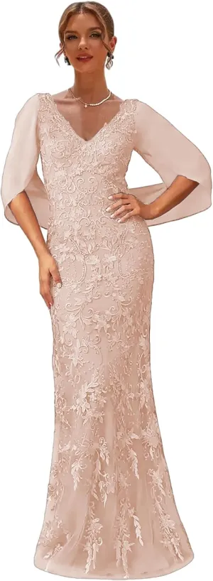 Peach Mother of The Bride Dresses Petite Long Formal Wedding Dress for Women Tulle Lace Evening Gown Size 6