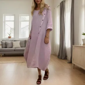 Plus Size Cotton Linen Summer Dresses for Women 2025 Casual Long Sleeve Button Solid Color Midi Dresses with Pockets