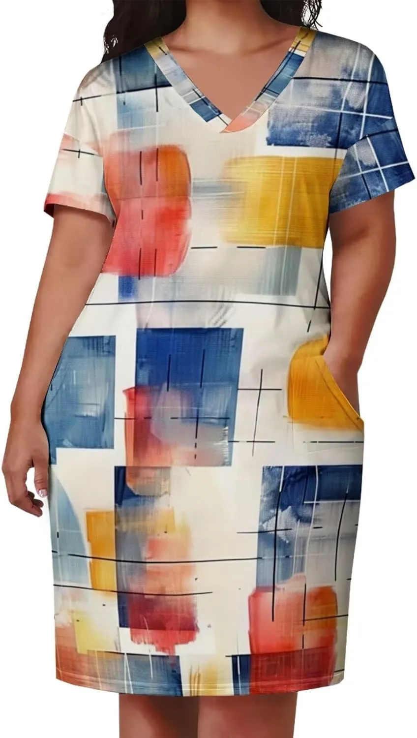 Plus Size Dress for Women Summer Casual Boho V Neck Short Sleeve with Pockets Loose A Line Midi Dresses