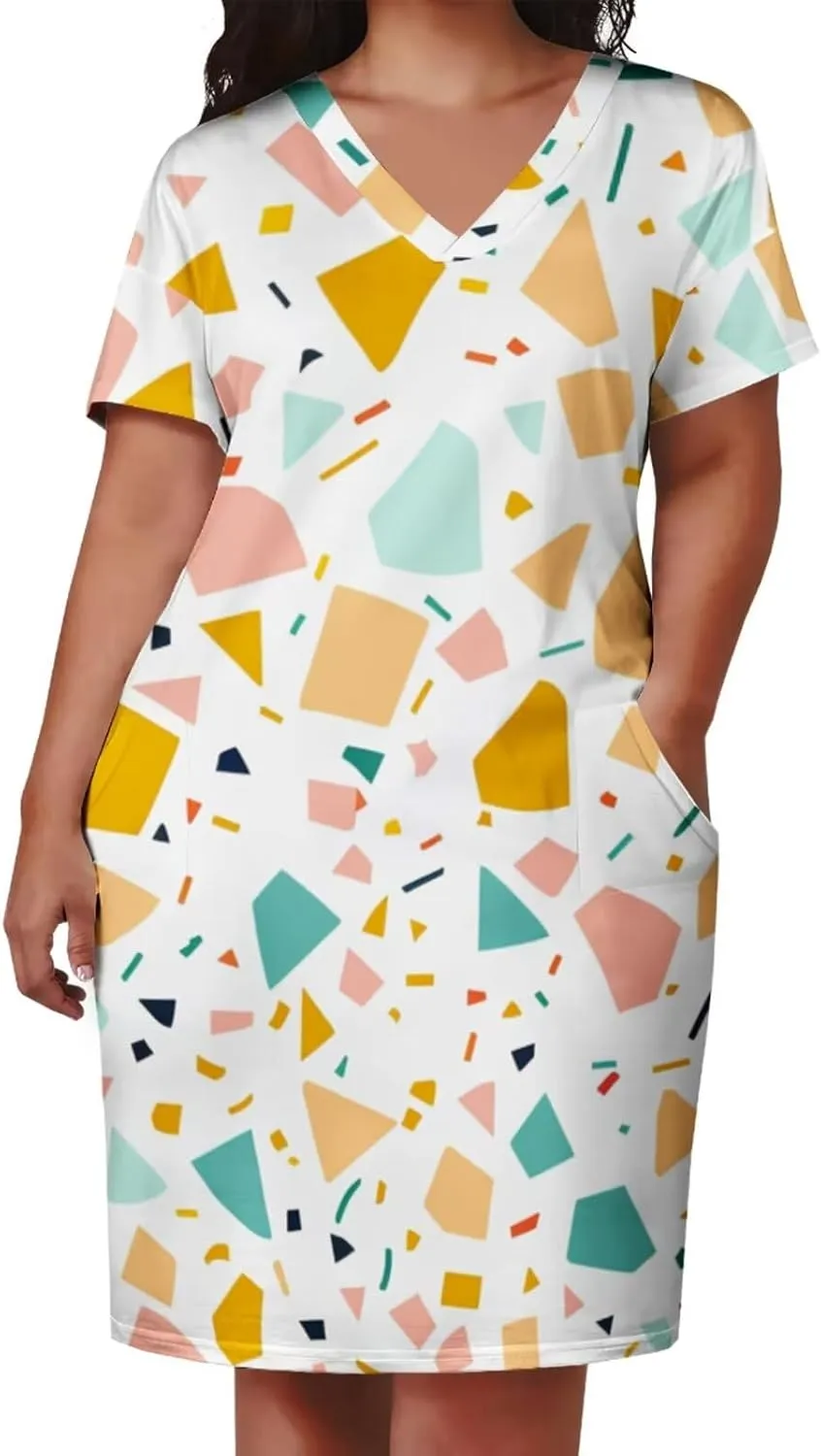 Plus Size Dress for Women Summer Casual Boho V Neck Short Sleeve with Pockets Loose A Line Midi Dresses