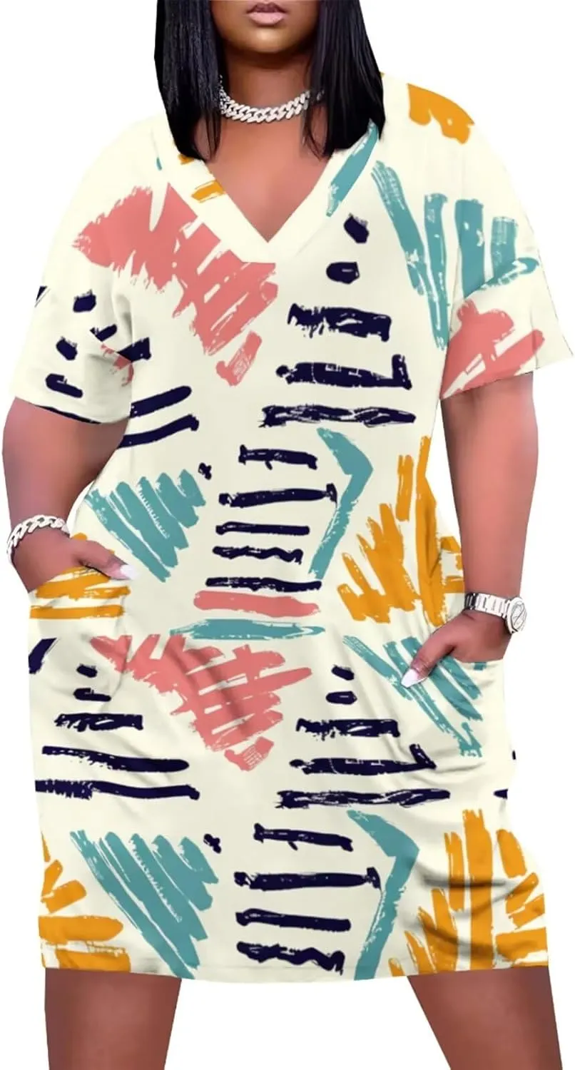 Plus Size Dress for Women Summer Casual Boho V Neck Short Sleeve with Pockets Loose A Line Midi Dresses