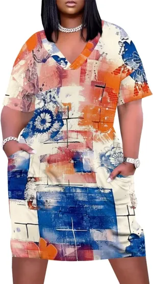 Plus Size Dress for Women Summer Casual Boho V Neck Short Sleeve with Pockets Loose A Line Midi Dresses
