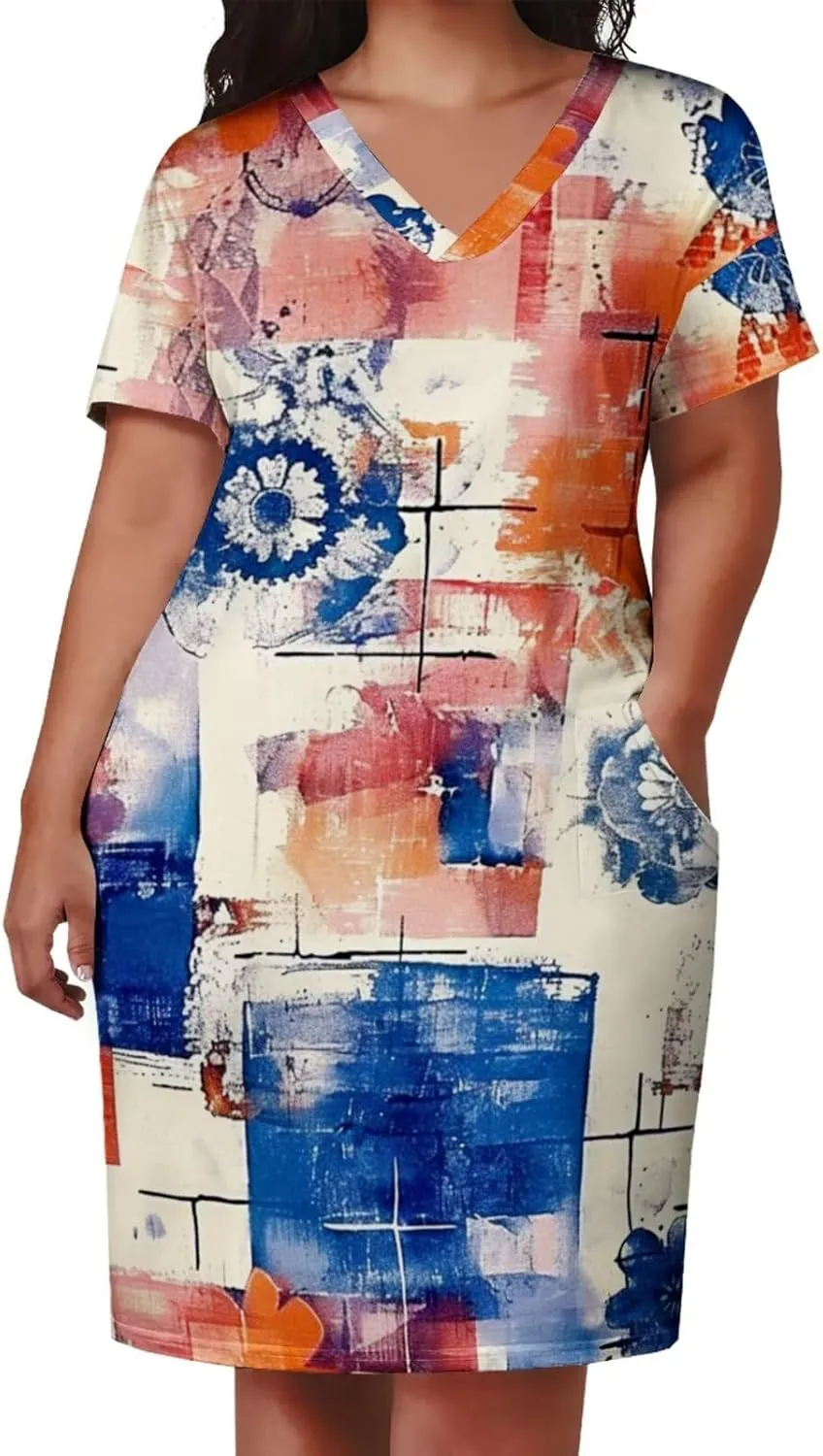 Plus Size Dress for Women Summer Casual Boho V Neck Short Sleeve with Pockets Loose A Line Midi Dresses