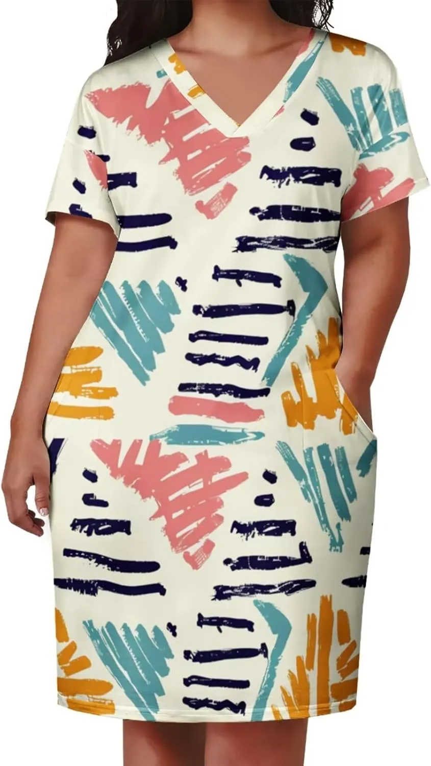 Plus Size Dress for Women Summer Casual Boho V Neck Short Sleeve with Pockets Loose A Line Midi Dresses