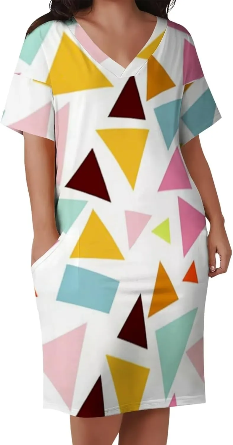 Plus Size Dress for Women Summer Casual Boho V Neck Short Sleeve with Pockets Loose A Line Midi Dresses