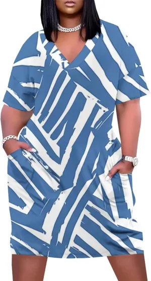 Plus Size Dress for Women Summer Casual Boho V Neck Short Sleeve with Pockets Loose A Line Midi Dresses