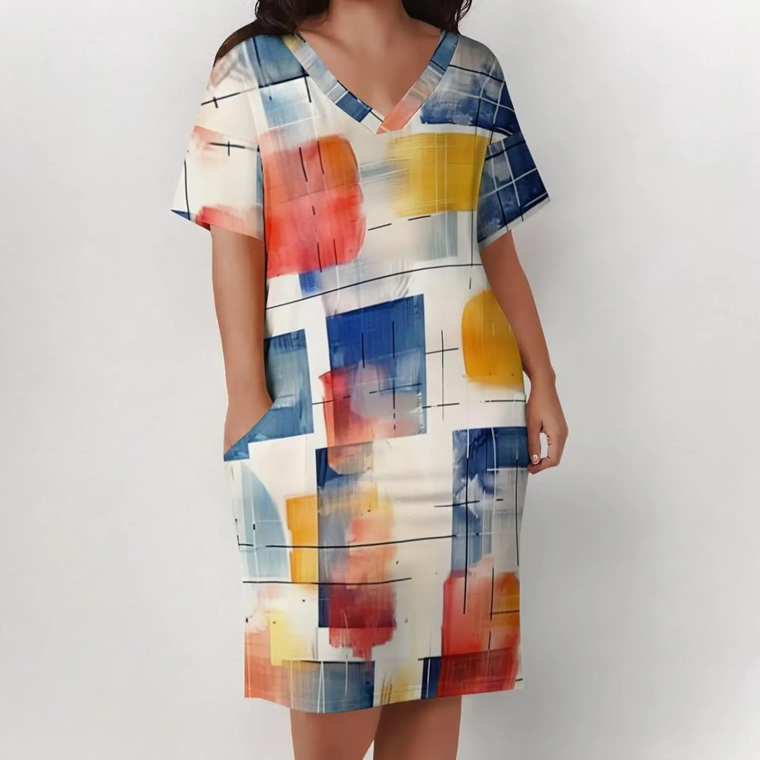 Plus Size Dress for Women Summer Casual Boho V Neck Short Sleeve with Pockets Loose A Line Midi Dresses