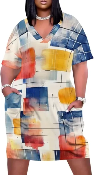 Plus Size Dress for Women Summer Casual Boho V Neck Short Sleeve with Pockets Loose A Line Midi Dresses