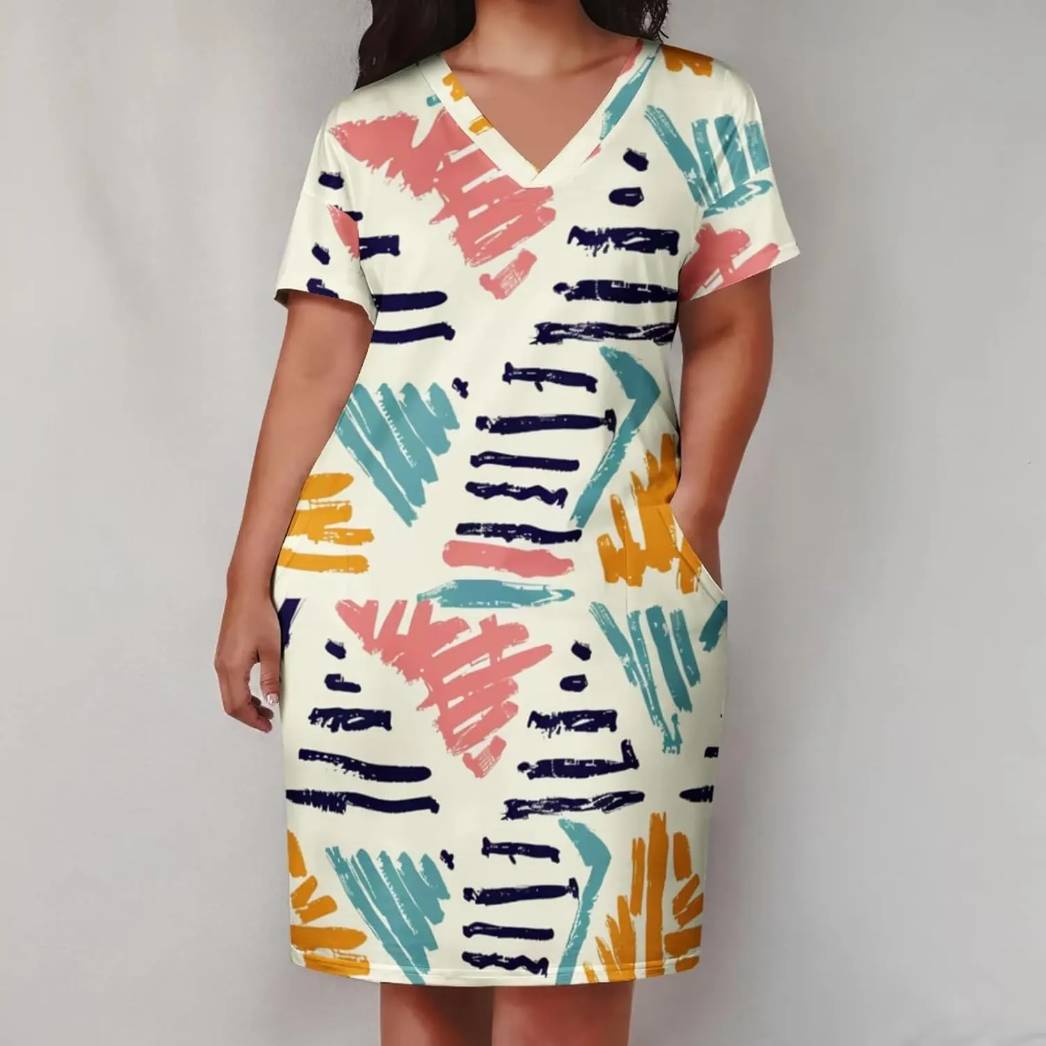 Plus Size Dress for Women Summer Casual Boho V Neck Short Sleeve with Pockets Loose A Line Midi Dresses