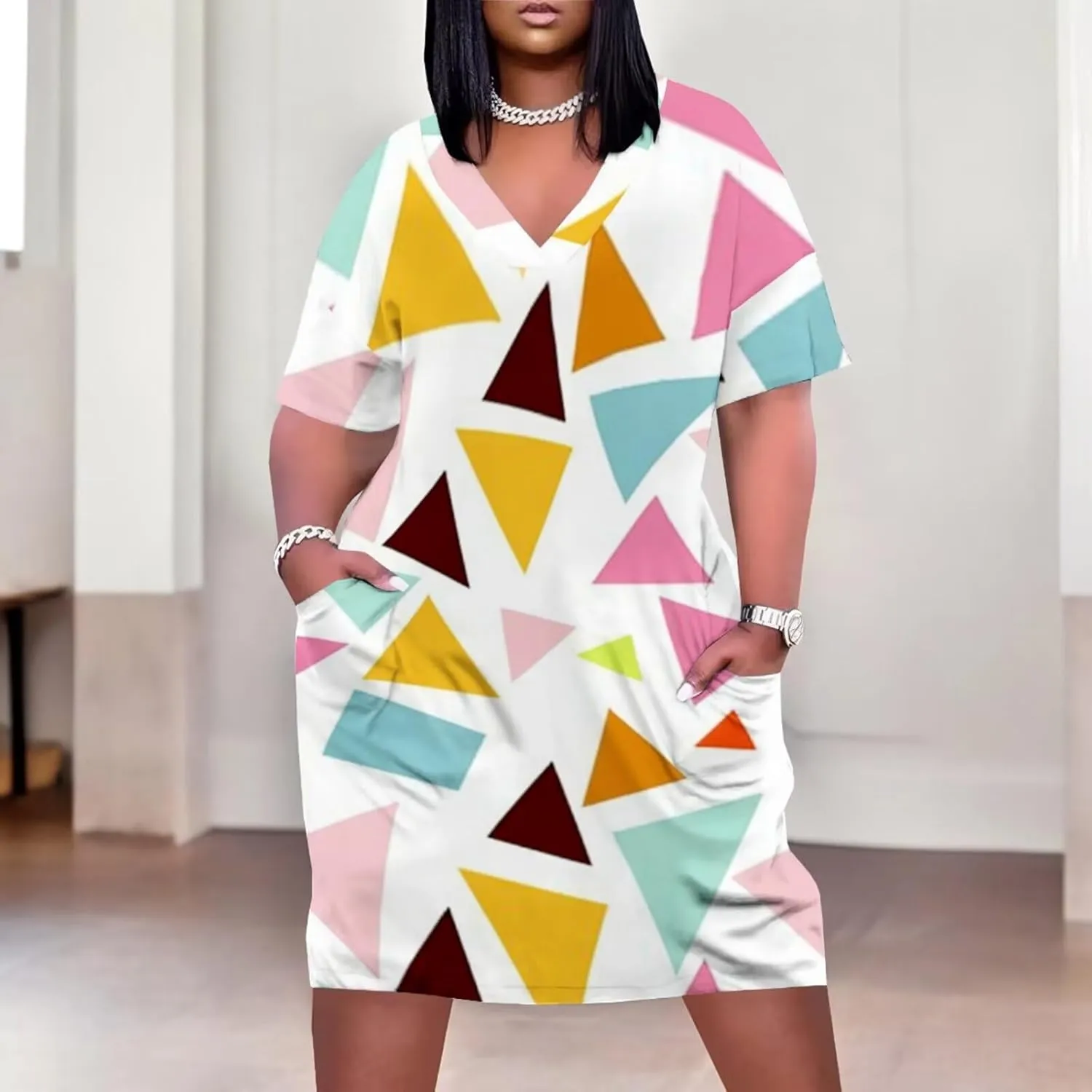 Plus Size Dress for Women Summer Casual Boho V Neck Short Sleeve with Pockets Loose A Line Midi Dresses