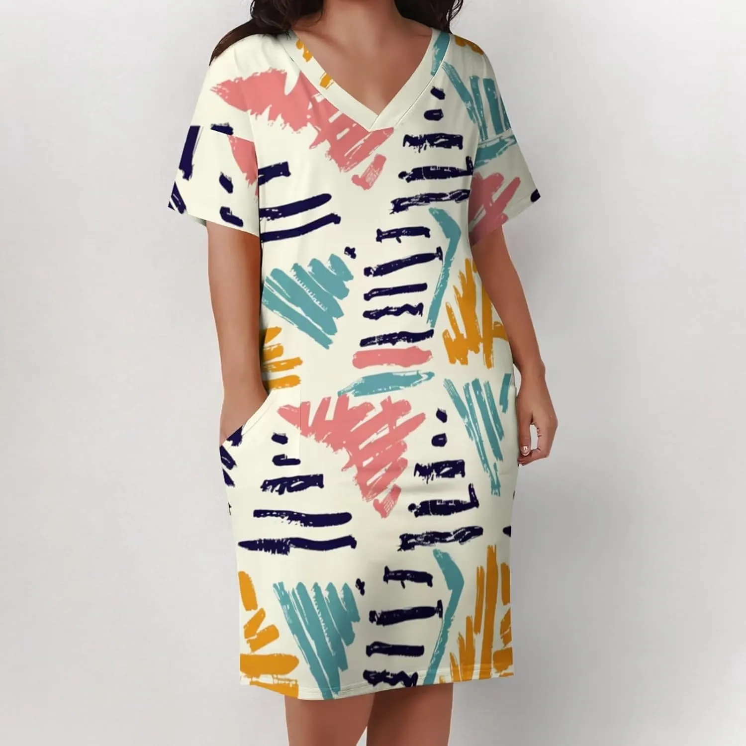 Plus Size Dress for Women Summer Casual Boho V Neck Short Sleeve with Pockets Loose A Line Midi Dresses