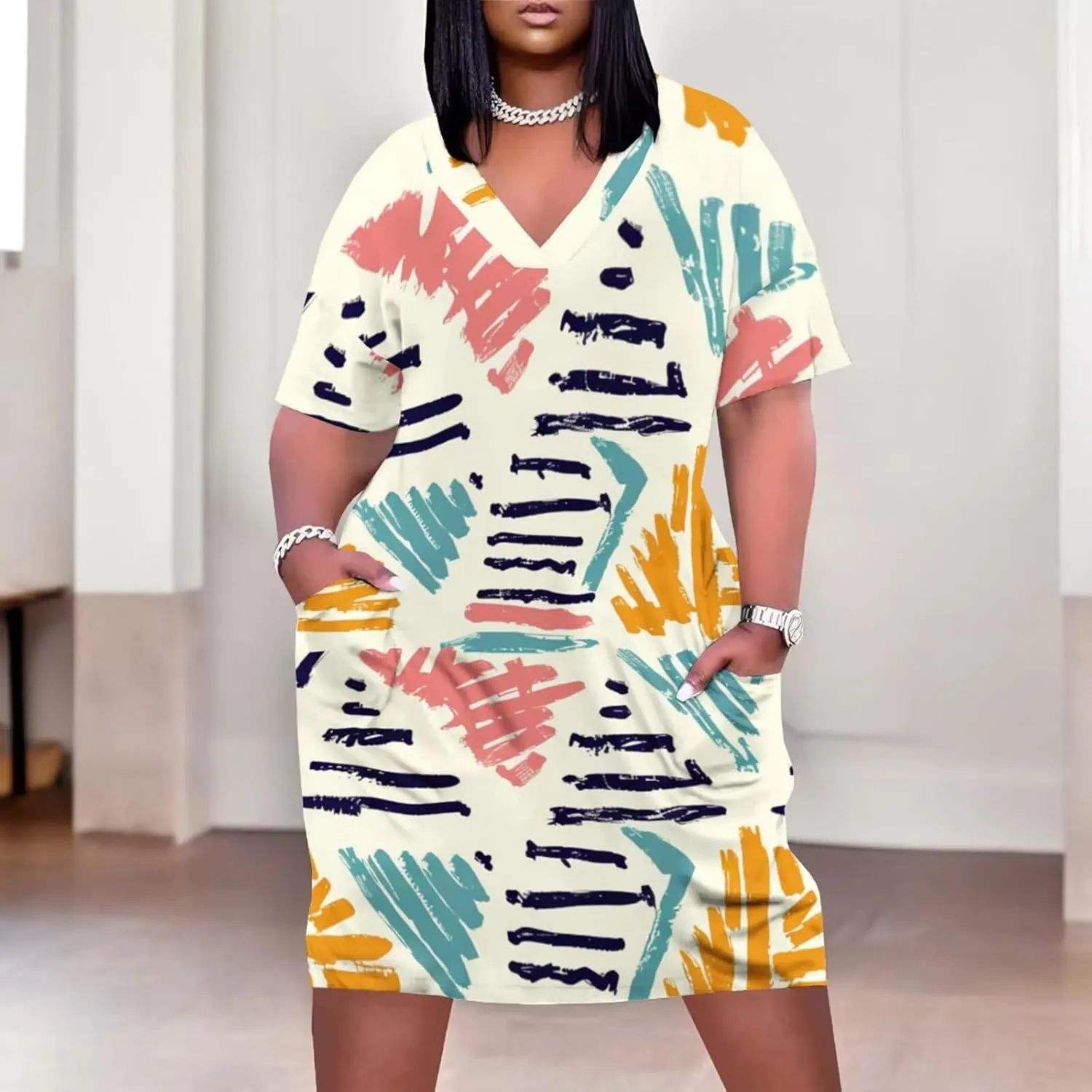 Plus Size Dress for Women Summer Casual Boho V Neck Short Sleeve with Pockets Loose A Line Midi Dresses