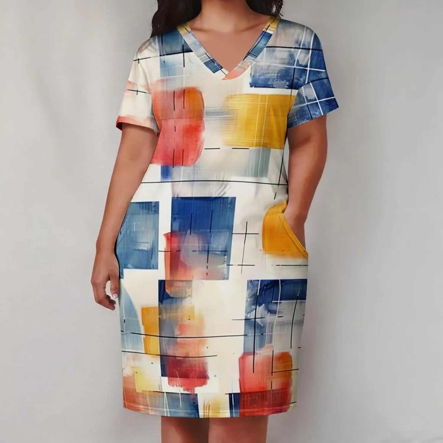 Plus Size Dress for Women Summer Casual Boho V Neck Short Sleeve with Pockets Loose A Line Midi Dresses