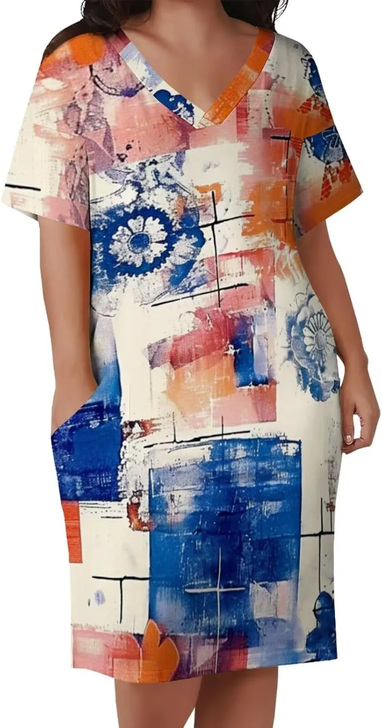 Plus Size Dress for Women Summer Casual Boho V Neck Short Sleeve with Pockets Loose A Line Midi Dresses