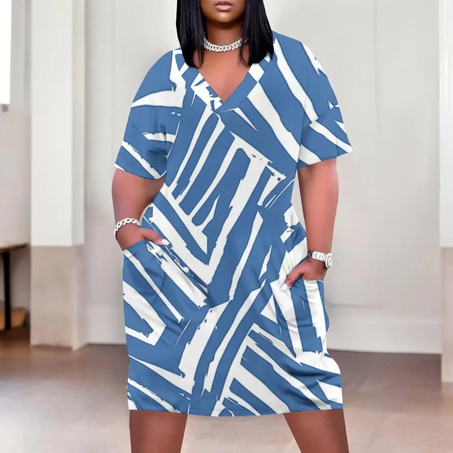Plus Size Dress for Women Summer Casual Boho V Neck Short Sleeve with Pockets Loose A Line Midi Dresses
