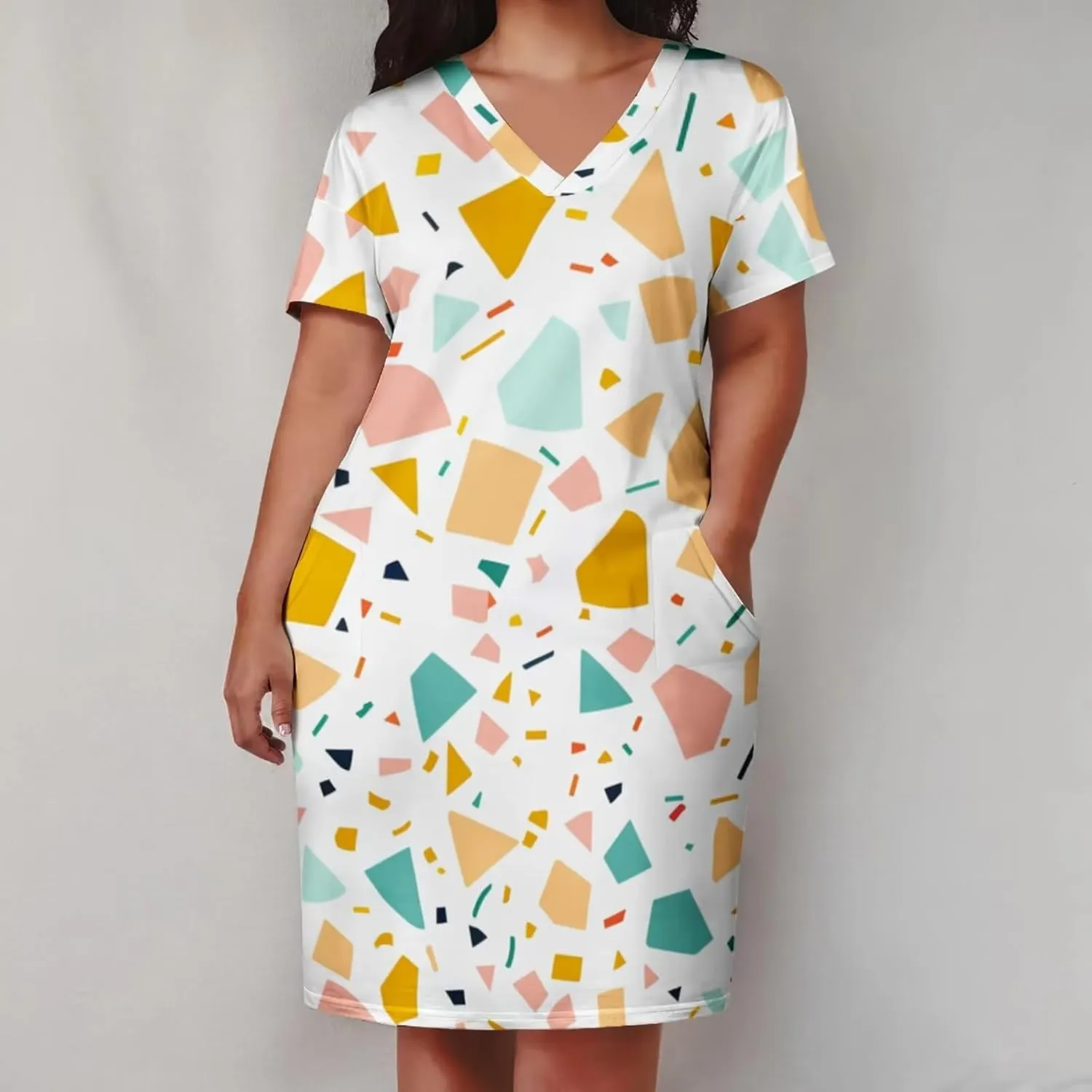 Plus Size Dress for Women Summer Casual Boho V Neck Short Sleeve with Pockets Loose A Line Midi Dresses