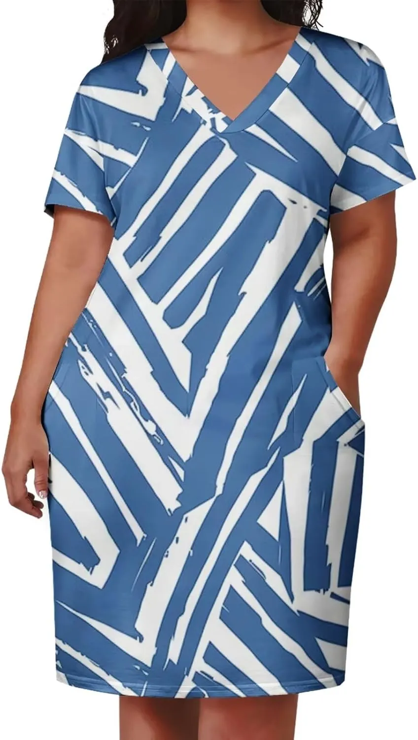 Plus Size Dress for Women Summer Casual Boho V Neck Short Sleeve with Pockets Loose A Line Midi Dresses
