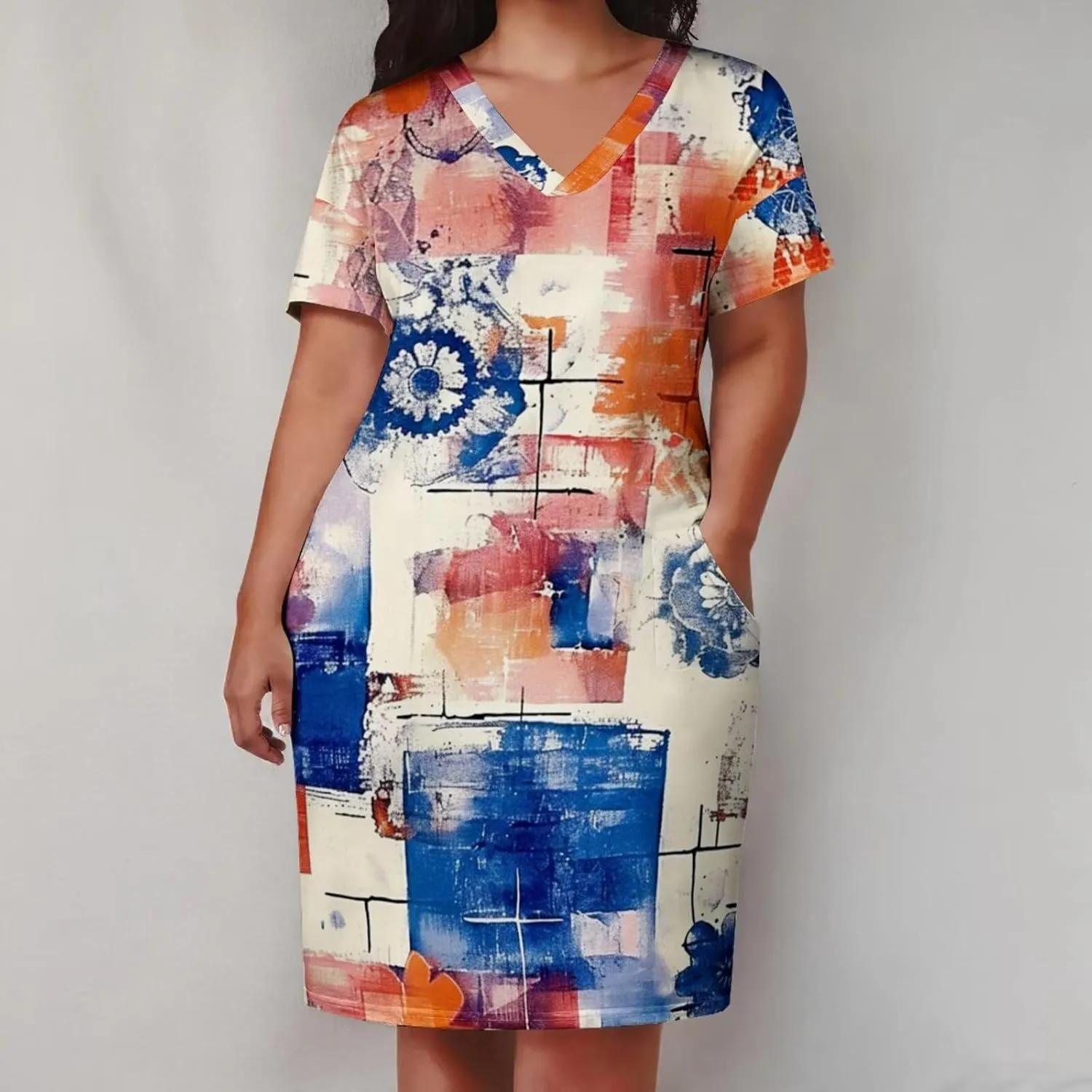 Plus Size Dress for Women Summer Casual Boho V Neck Short Sleeve with Pockets Loose A Line Midi Dresses