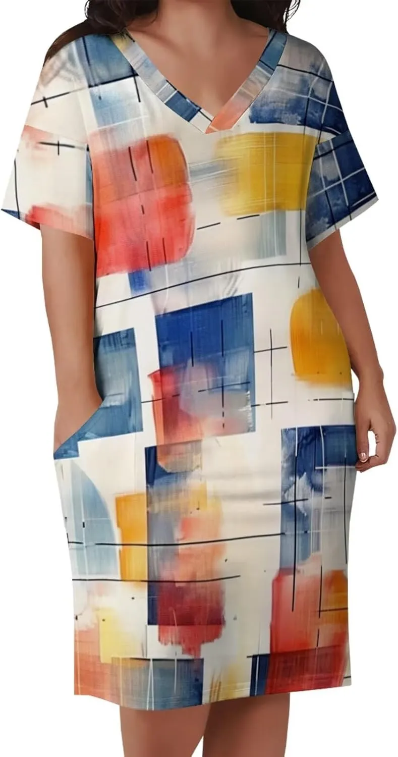 Plus Size Dress for Women Summer Casual Boho V Neck Short Sleeve with Pockets Loose A Line Midi Dresses
